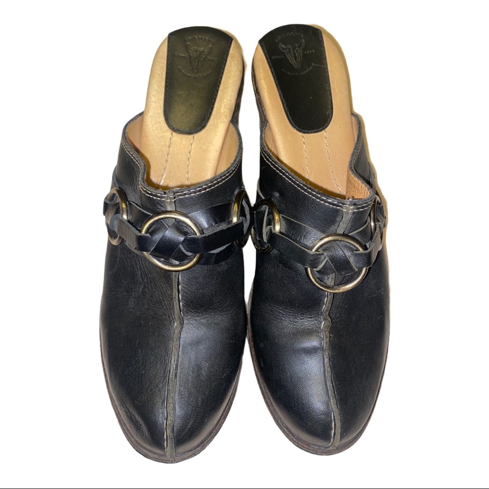 Frye Black Leather Slip-On Mules with Brass Ring Accent